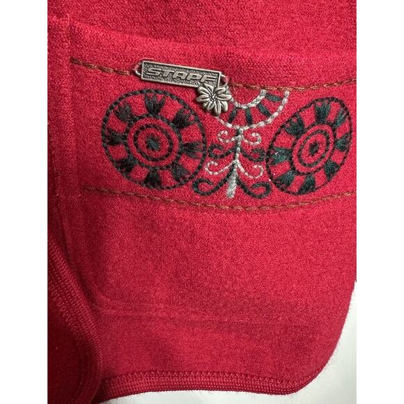 Vintage Stapf Pure New Wool Red Cardigan Sweater Pockets Embroidery Size EU 42 - Picture 5 of 8